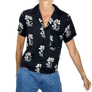 OBEY boxy oversized button up black white peace print bowling shirt S